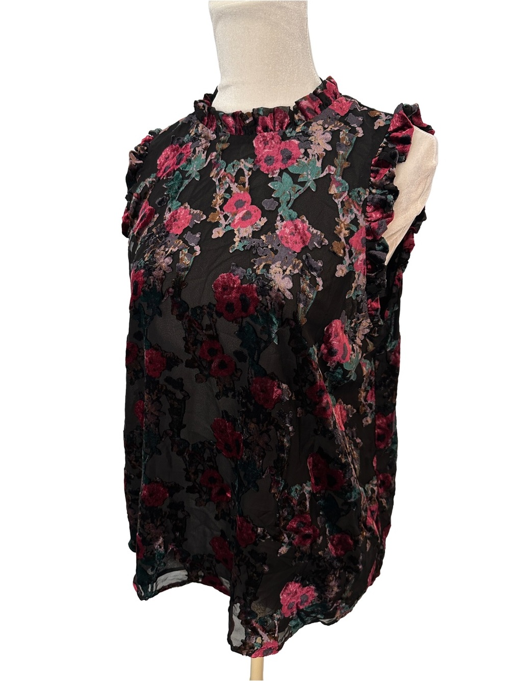 NWT Dalia Burnout Velvet Sheer Floral Ruffle-Trim Lined Sleeveless Blouse L